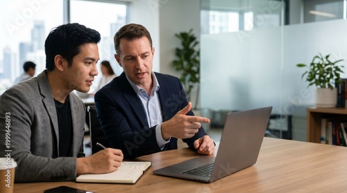 Business mentor training employee and pointing at laptop screen, executive leader coaching intern during meeting in office, professional consulting and corporate mentorship program