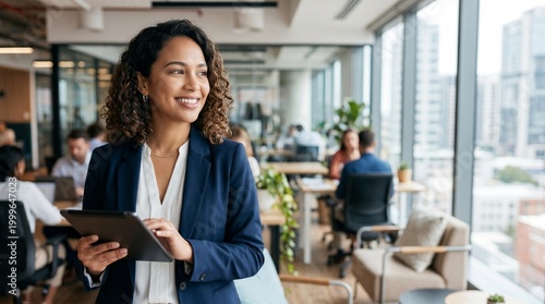 Portrait of happy curly hair businesswoman holding tablet in busy open plan office. Modern female executive, diverse leadership and successful management in tech company.