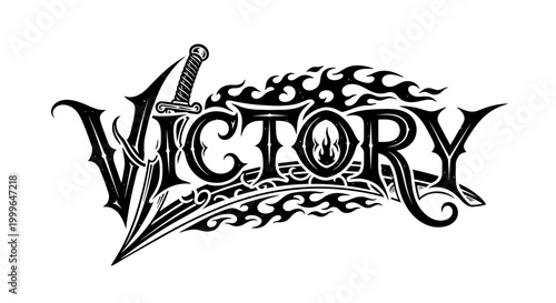 Victory word art with sword and flames in black and white.