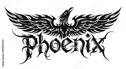 Phoenix bird with spread wings and stylized text in black and white.