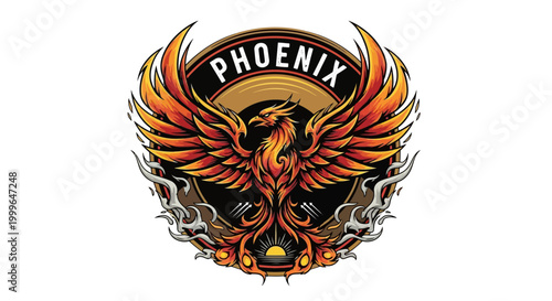 Majestic Phoenix Bird with Fiery Wings and PHOENIX Text Emblem.