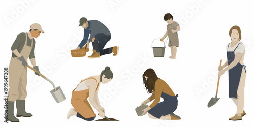 six gardening people in various poses vector illustration