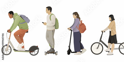 vector illustration of five people using urban mobility options