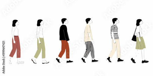 six pedestrians in mixed styles walking side by side