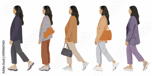 five walking women silhouettes in colorful outfits