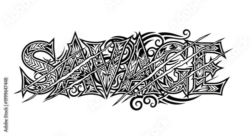 Intricate Tribal Style Savage Text Design Black and White Illustration.