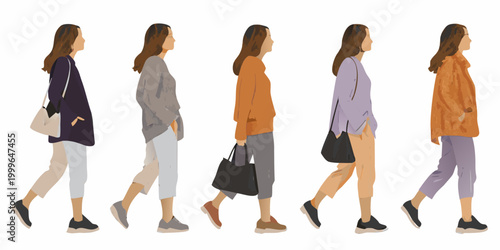 five walking women in casual outfits on white background