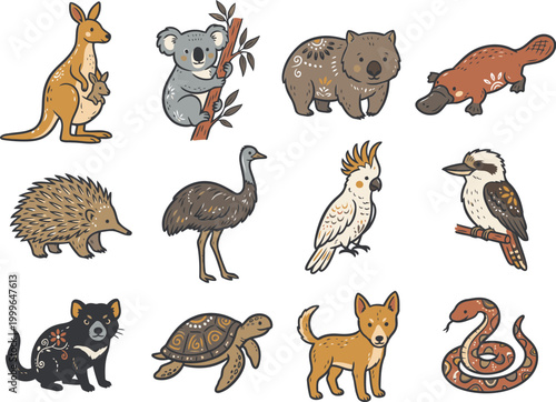 Australian animals and reptiles in a cartoon style illustration set
