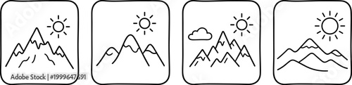 mountain landscape nature scenery icon set with sun and peaks isolated on transparent background