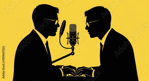 Silhouette of Two Men in Suits at Microphones - A Discussion.