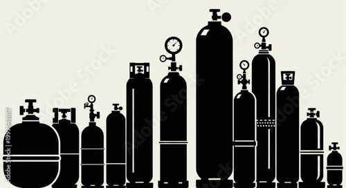Silhouette of Various Gas Cylinders and Tanks for Industrial Applications.