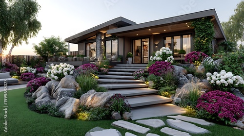 Rustic stone house with vibrant flower garden and wooden walkway