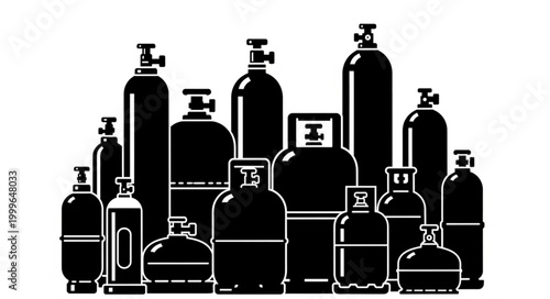 Silhouette of Various Gas Cylinders and Tanks for Industrial Use.