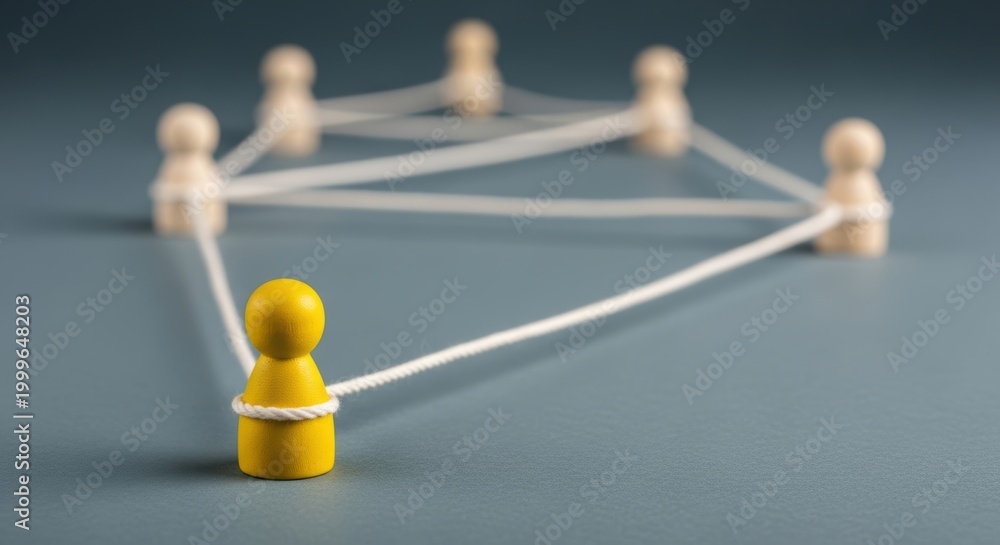 Obraz premium networking concept yellow figure connected to blurred team by strings, business leader connection background, social link, stand out from the crowd banner, teamwork, choice mockup