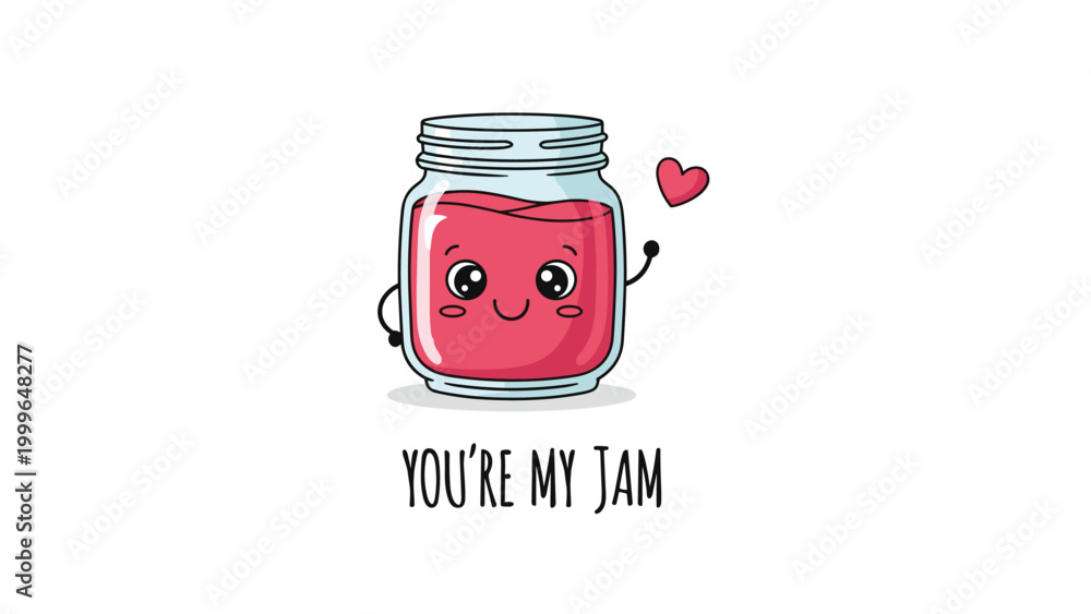 Obraz premium Happy jar of strawberry jam character with a small heart nearby features the sweet pun you are my jam in handwritten style font.