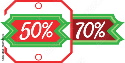Red and green festive christmas sale discount tags with 50% and 70% off