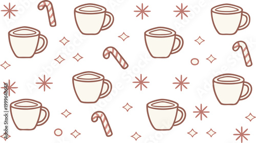 Seamless pattern of hot chocolate cups with marshmallows and stars