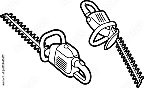 Hedge trimmer and shears illustration with gardening tool lawn care line art power tool garden tool equipment illustration mechanical