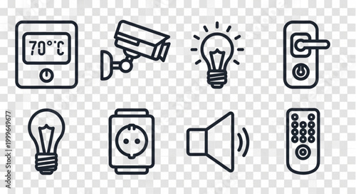 Smart Home Automation Icons - Thermostat, Security Camera, Light Bulbs, Door Lock, Smart Plug, Speaker, Remote.