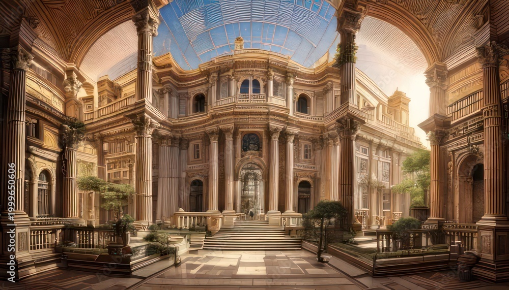 Obraz premium Grand Courtyard of a Palatial Building with Classical Architecture.