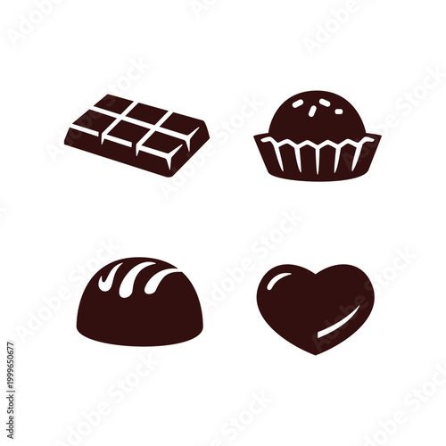 Chocolate sweets. Monochrome vector set of chocolate candies of various shapes.
