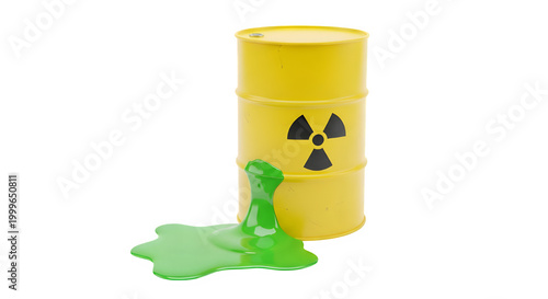 Yellow radioactive waste barrel leaking green toxic sludge isolated on transparent background