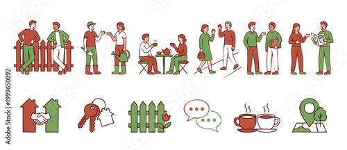 People interacting and lifestyle icons, flat linear vector illustration. Neighbors talking, gardening, coffee break, street meeting, and real estate symbols for community concept and social networking