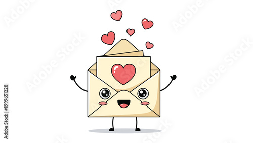 Cute envelope character with big eyes and a happy face holding a heart inside with several floating hearts above.