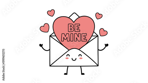 Adorable envelope character with a smiling face holding a large pink heart with the text be mine on its front.