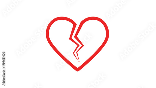 Simple and powerful graphic symbol of a red heart with a jagged crack down the middle representing heartbreak, sadness, or a broken relationship.