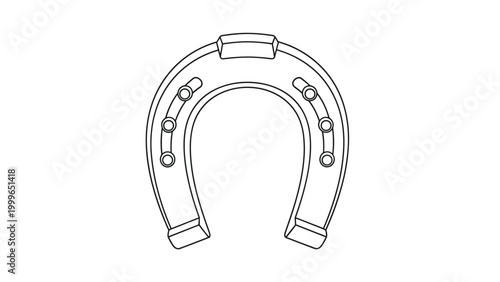 Traditional metal horseshoe with visible nail holes is shown in a clean black and white line drawing on an empty white background.