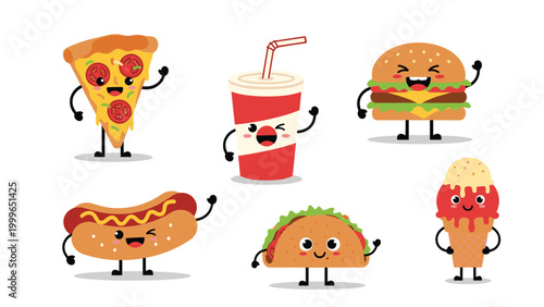 Collection of cute fast food characters including pizza, soda, burger, hot dog, taco, and ice cream wave happily with smiling faces.