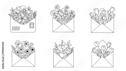 Set of six different envelopes overflowing with assorted spring flowers is presented in a detailed black and white line art style.