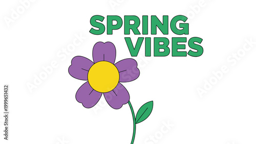 Vibrant purple flower with a yellow center and green stem is accompanied by the bold green text spring vibes placed right above it.