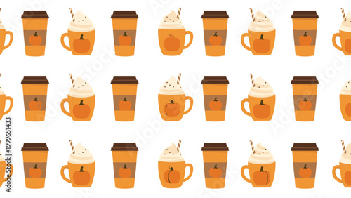 Seamless pattern features repeating rows of pumpkin spice lattes and fall-themed coffee cups on a clean and bright white background.