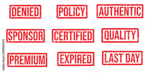 Red Grunge Rubber Stamp Set with Authentication and Quality Text - Denied, Certified, Authentic, Premium, and Expired Stamps Vector Illustration