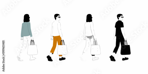 four walking figures in casual outfits with shopping bags