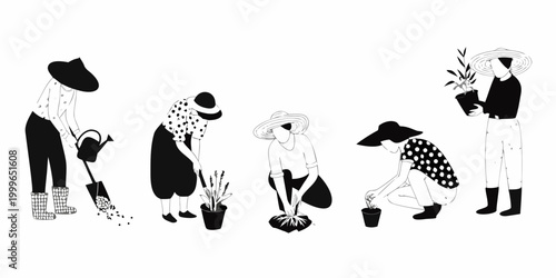 gardening figures silhouettes in black and white vector style