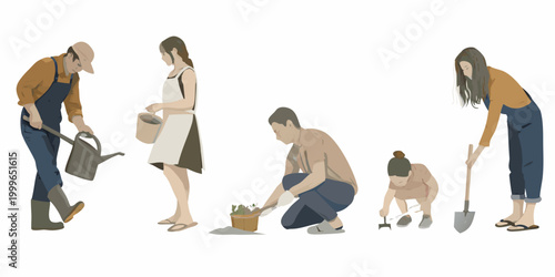 six gardening people in vector illustration style