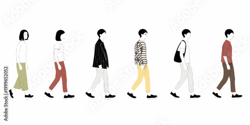 six pedestrians walking in mixed styles on white background