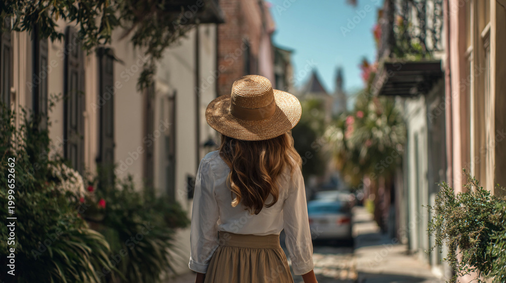 Naklejka premium Woman in straw hat walking through historic Charleston streets, on a sunny day, South Carolina, USA