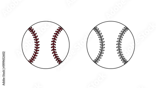 Pair of baseballs is shown side by side with one having red stitching and the other in plain black and white lines on white.