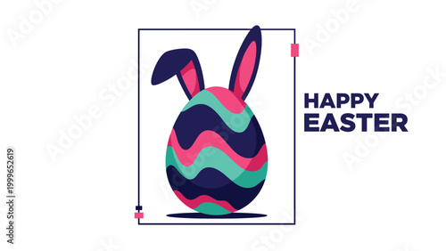 Colorful striped easter egg with navy blue, pink, and teal waves has pink bunny ears sticking out from the top for the holiday.