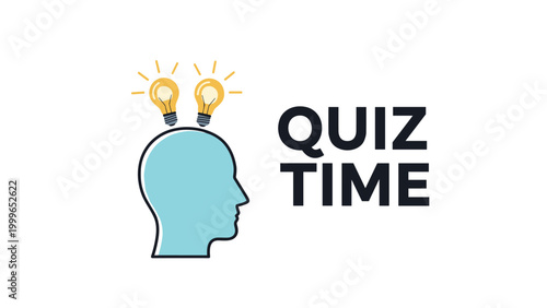Human head silhouette with two glowing lightbulbs appearing as ideas is placed next to the bold and large text quiz time.