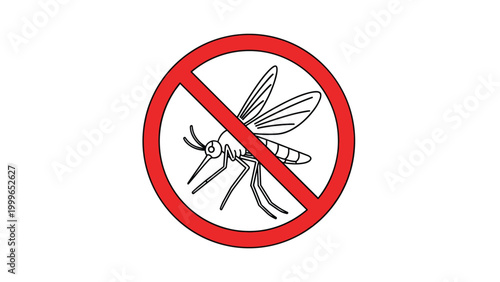 Black and white line drawing of a mosquito is inside a red prohibition sign to indicate a pest control or no insect zone.