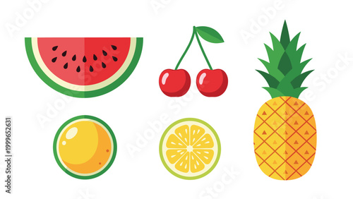 Assorted fruit icons including watermelon, cherries, pineapple, and citrus slices are shown in a colorful and modern flat style.