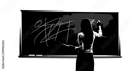 Silhouette of a woman writing on a chalkboard with chalk in a classroom.