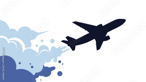 Dark silhouette of an airplane takes off into a blue sky filled with puffy white and light blue clouds as it flies high above.