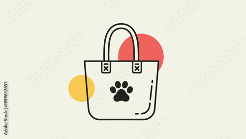 Simple white tote bag with a black paw print logo is decorated with yellow and red circular shapes on its side as a pet accessory.