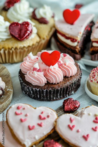 A variety of colorful cupcakes on a decorative table top vertical frame